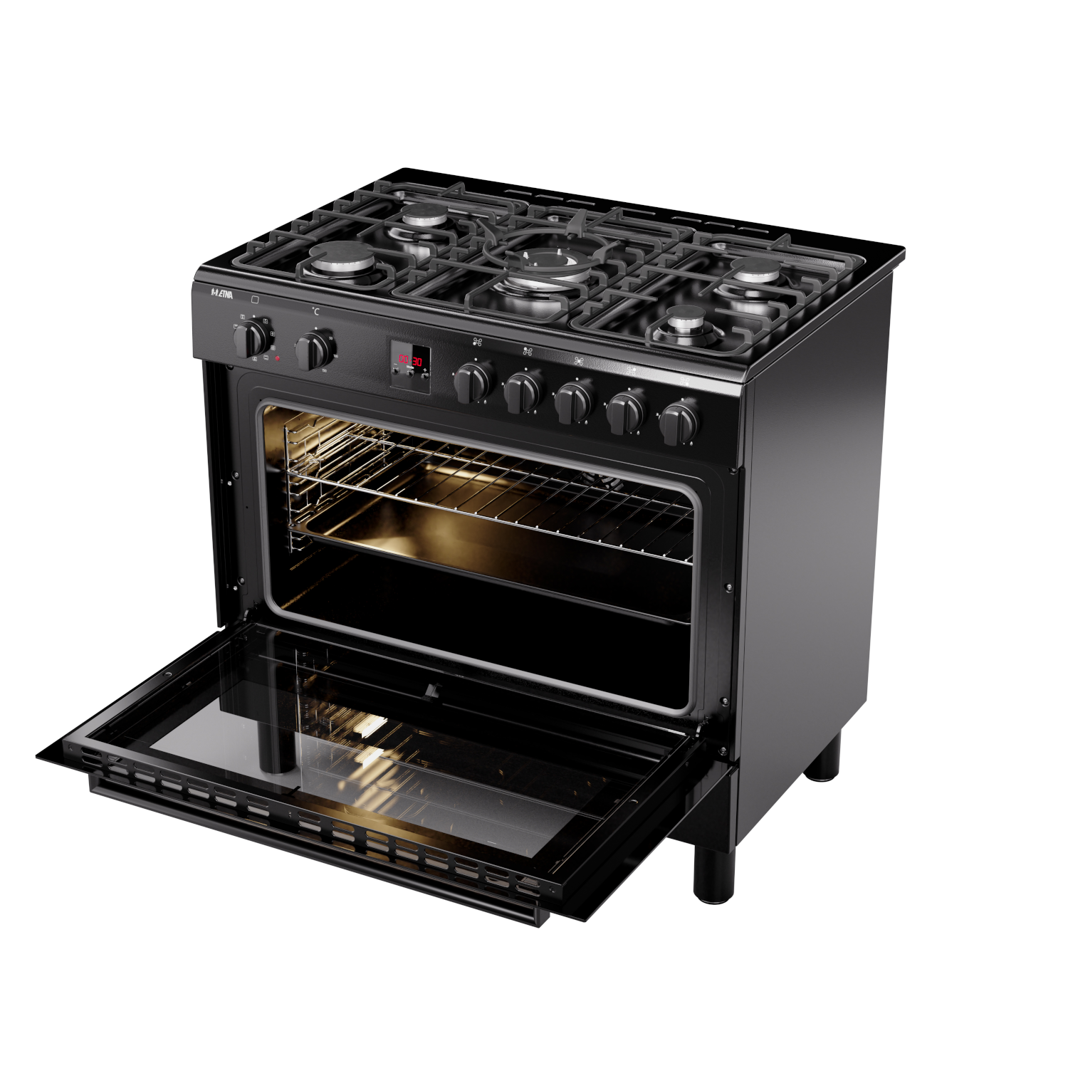 Zwarte oven met open deur. Het binnenlicht is aan. Zes branders bovenop.