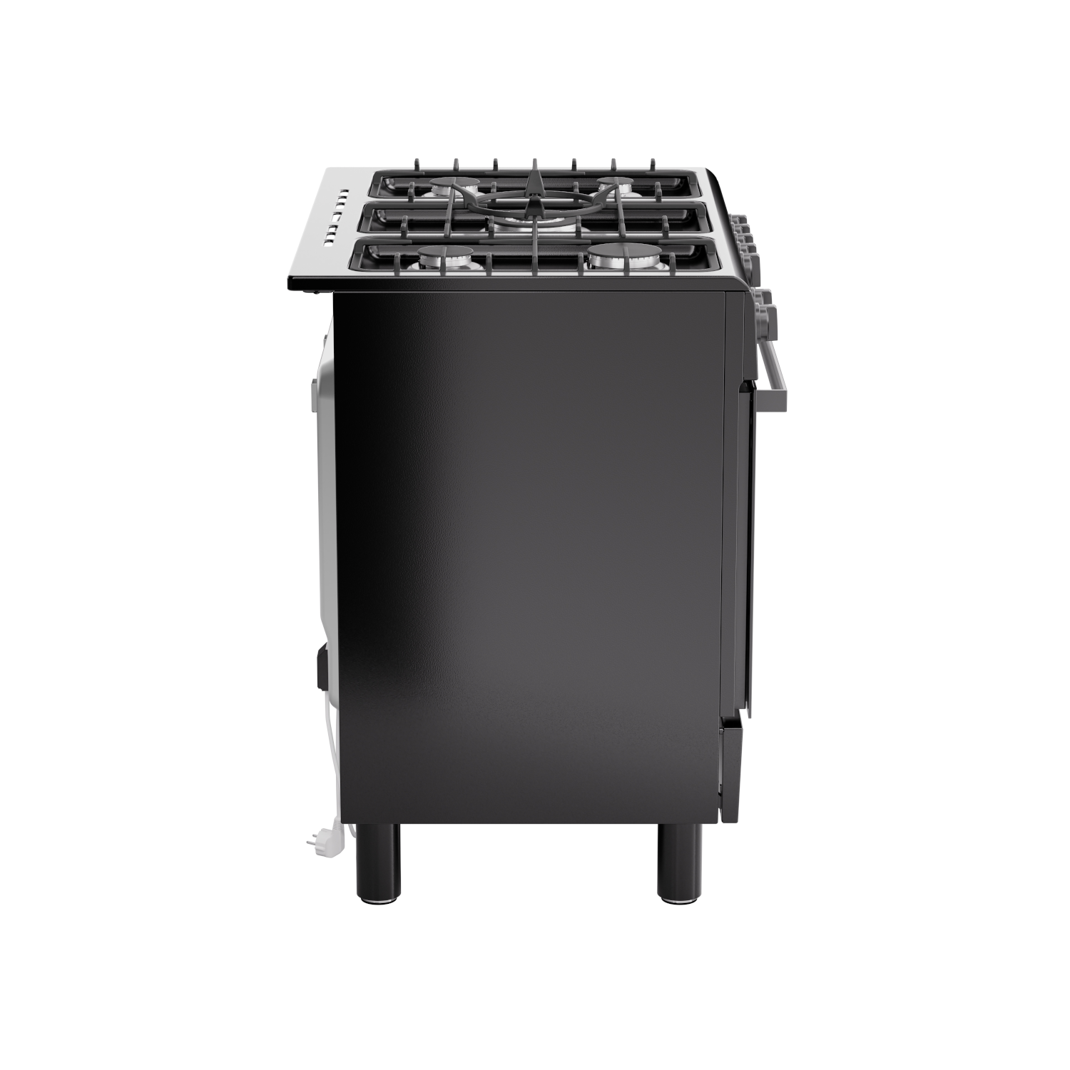 Zwart gasfornuis, zijaanzicht, met de branders en de oven.