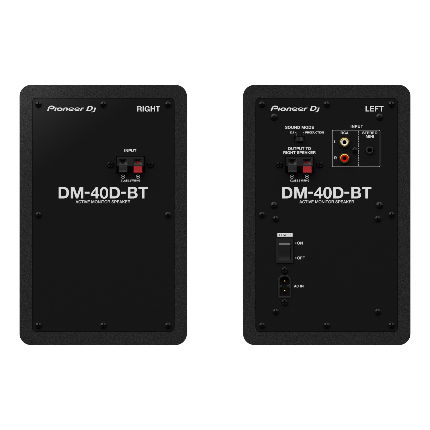 Black active monitor speakers with Pioneer Dj logo and DM-40D-BT model name.
