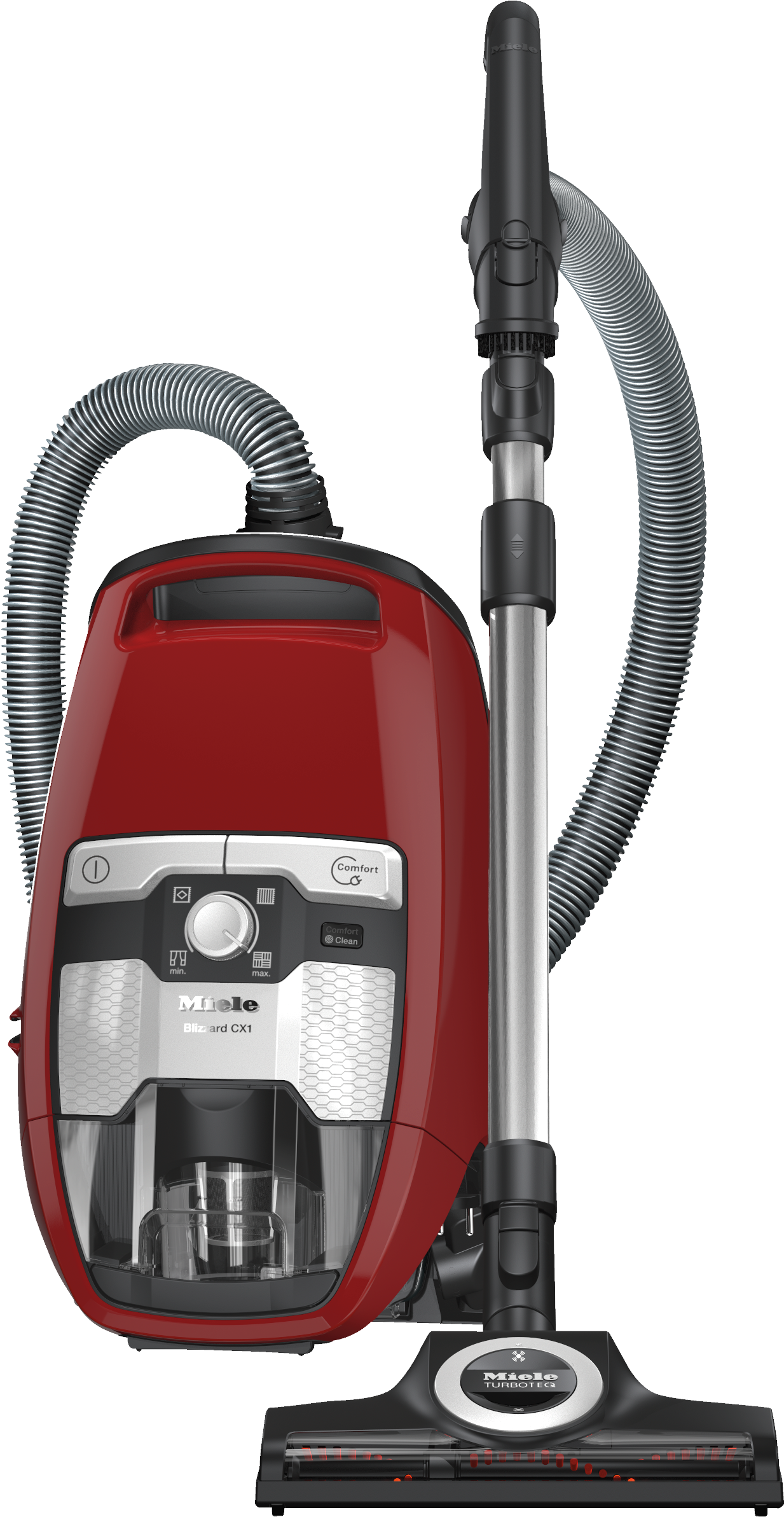 Ein roter Miele Blizzard CX1 Staubsauger mit silbernem Schlauch und Griff. Die Basis hat eine Bürste und der Griff ist schwarz.