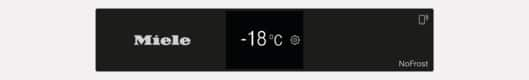 Miele-Logo mit -18°C und NoFrost-Anzeige auf schwarzem Hintergrund.