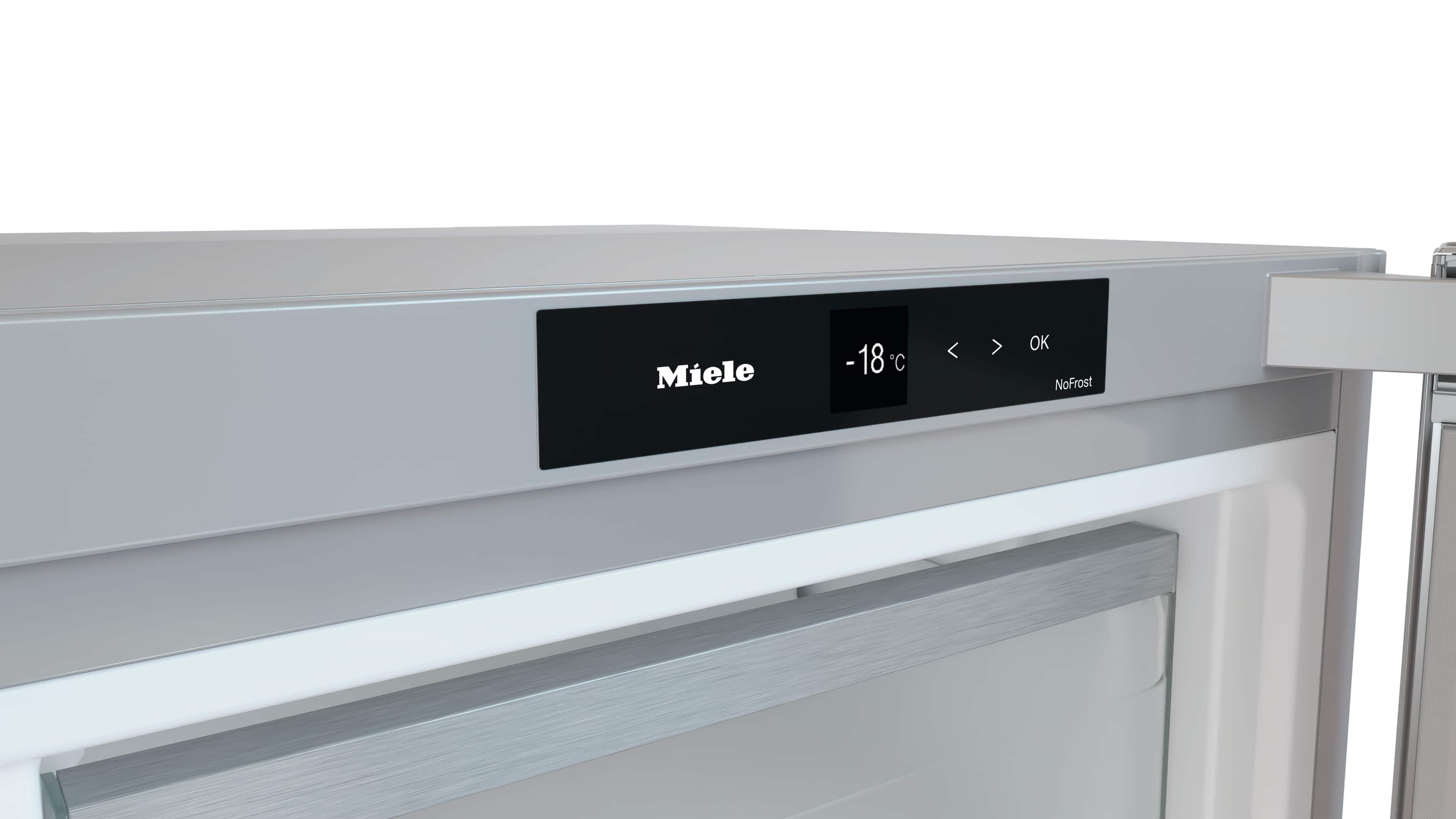 Miele Kühlschrank Bedienfeld zeigt -18°C und NoFrost. Nahaufnahme.