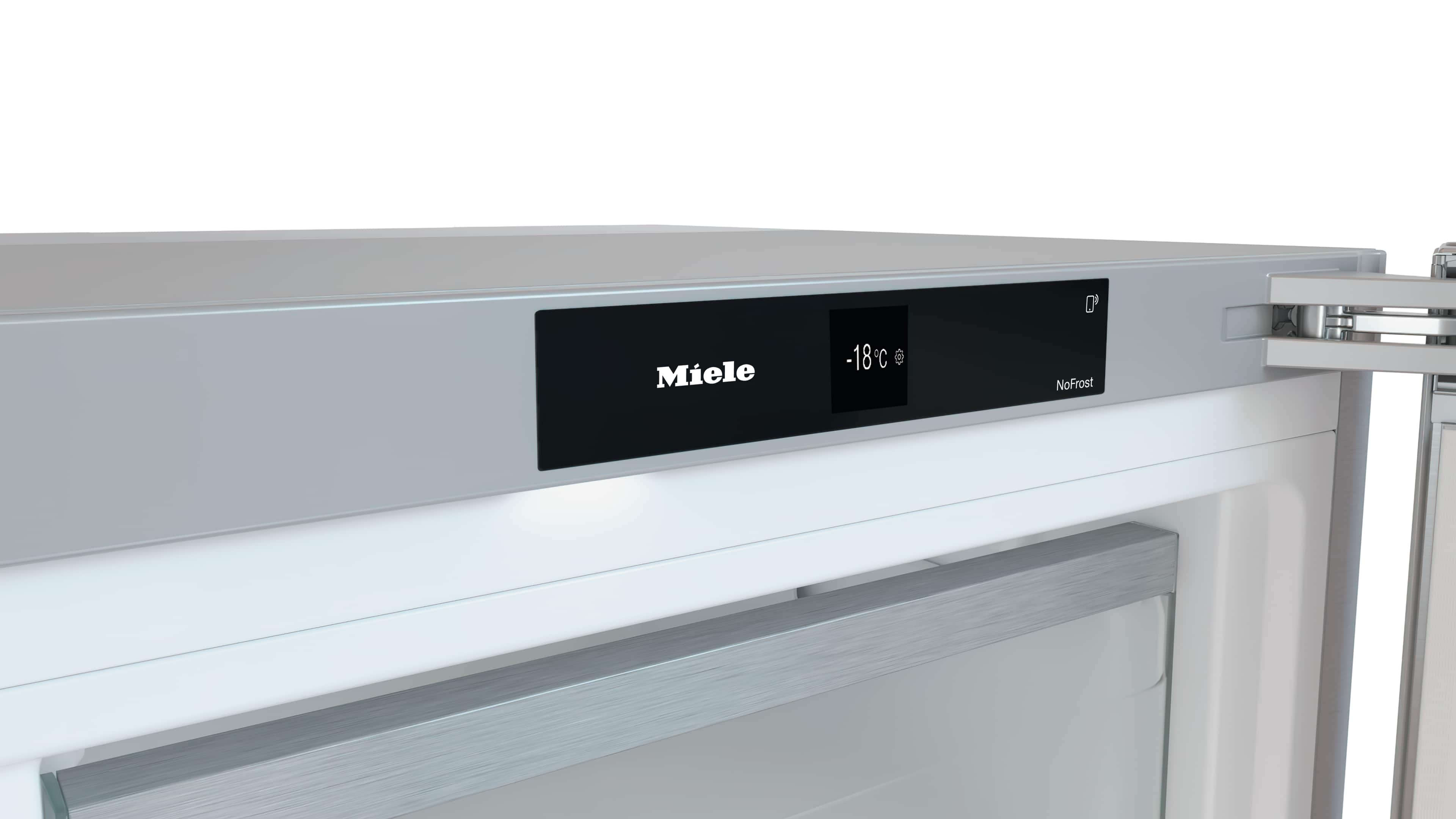 Miele-Kühlschrank mit digitaler Anzeige von -18°C und 'NoFrost'-Funktion.