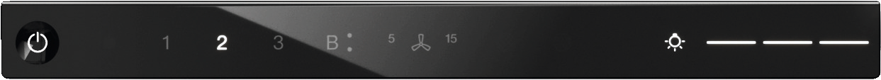 Ein-/Ausschaltknopf, Zahlen 1-3, B, Lüftersymbol, Lichtsymbol.