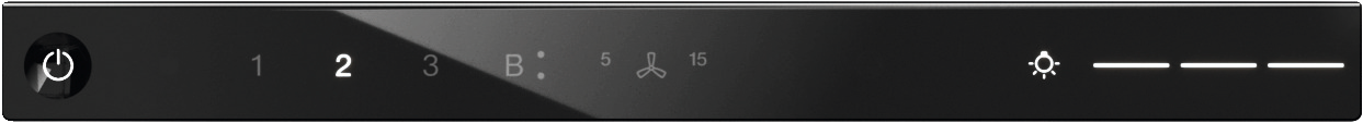 Ein-/Aus-Symbol, Zahlen 1-3, 'B', Lüfter-Symbol und '15', Licht-Symbol.