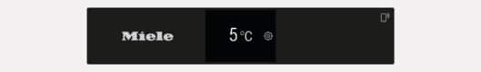 Ein schwarzes Display zeigt 'Miele', '5°C' und ein Zahnradsymbol. Der Bildschirm hat einen hellgrauen Hintergrund.