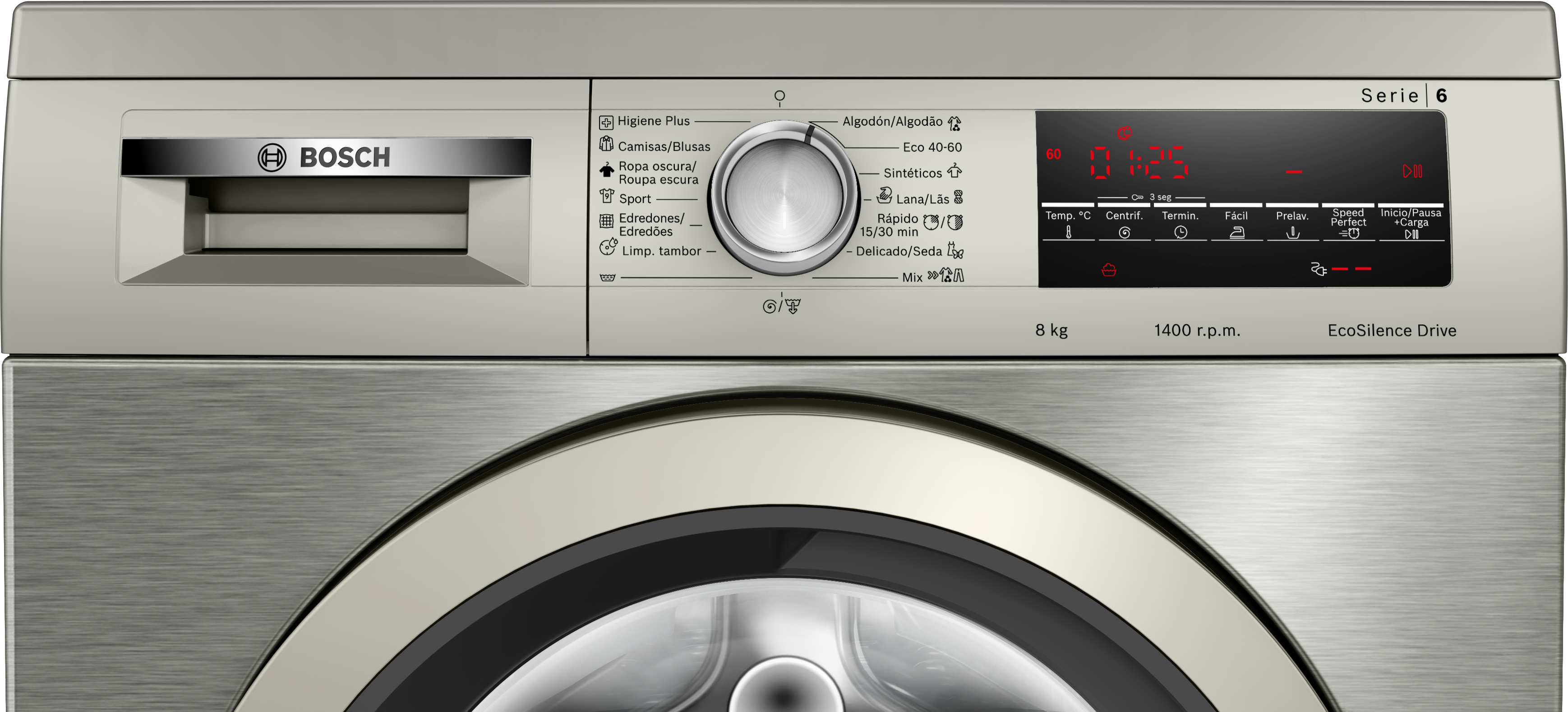 Una lavadora con frontal plateado, con la marca Bosch en el frontal.