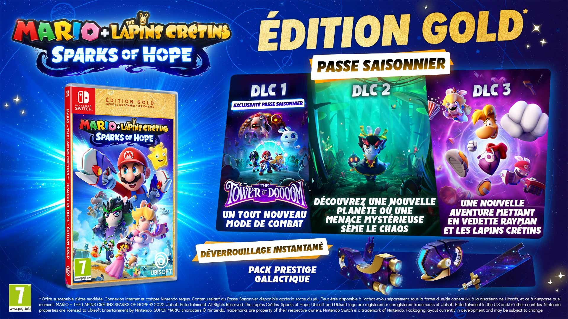 Boîte de jeu de Mario + Rabbids Sparks of Hope, avec des personnages de Mario et Rabbids, et des infos DLC.