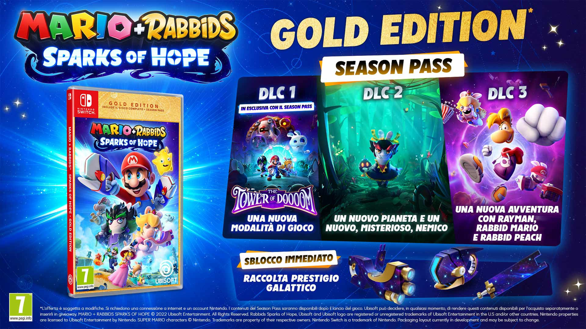Boîte de jeu 'Mario + Rabbids: Sparks of Hope' Édition Or avec détails DLC.