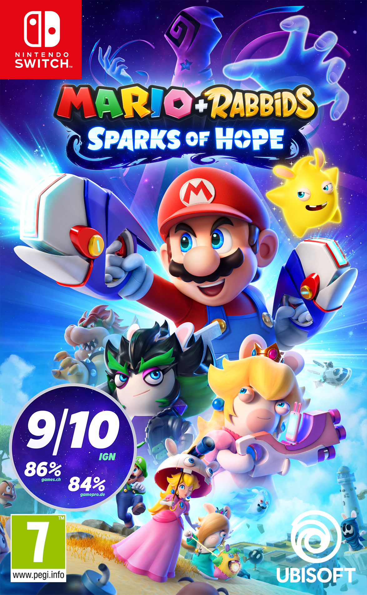 Cover des Spiels Mario + Rabbids. Mario, Rabbids und andere Charaktere mit einer Bewertung von 9/10.