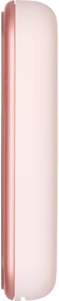 A side view of a sleek, pink, and white device with a rose gold trim.