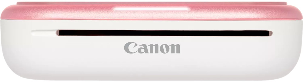 White and pink Canon printer, side view, with the Canon logo.