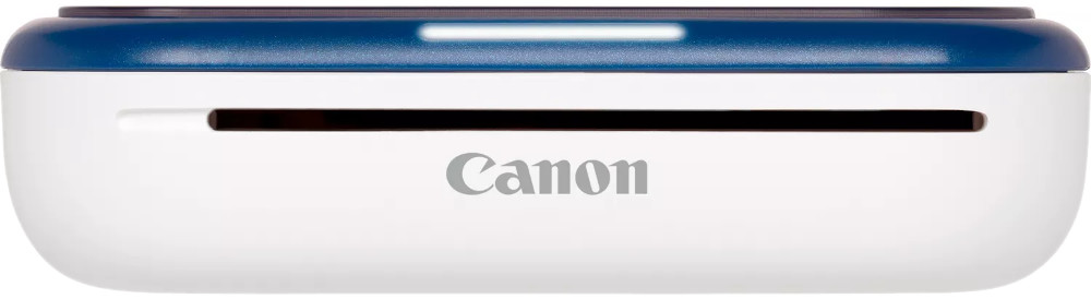 Een witte en marineblauwe Canon IVY Mini fotoprinter. Het is rechthoekig met het Canon-logo.