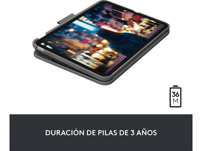 Funda con teclado - Logitech Slim Folio, para iPad (10ª generación y A16), Bluetooth, Resistente a golpes, Teclas de accceso directo, Gris