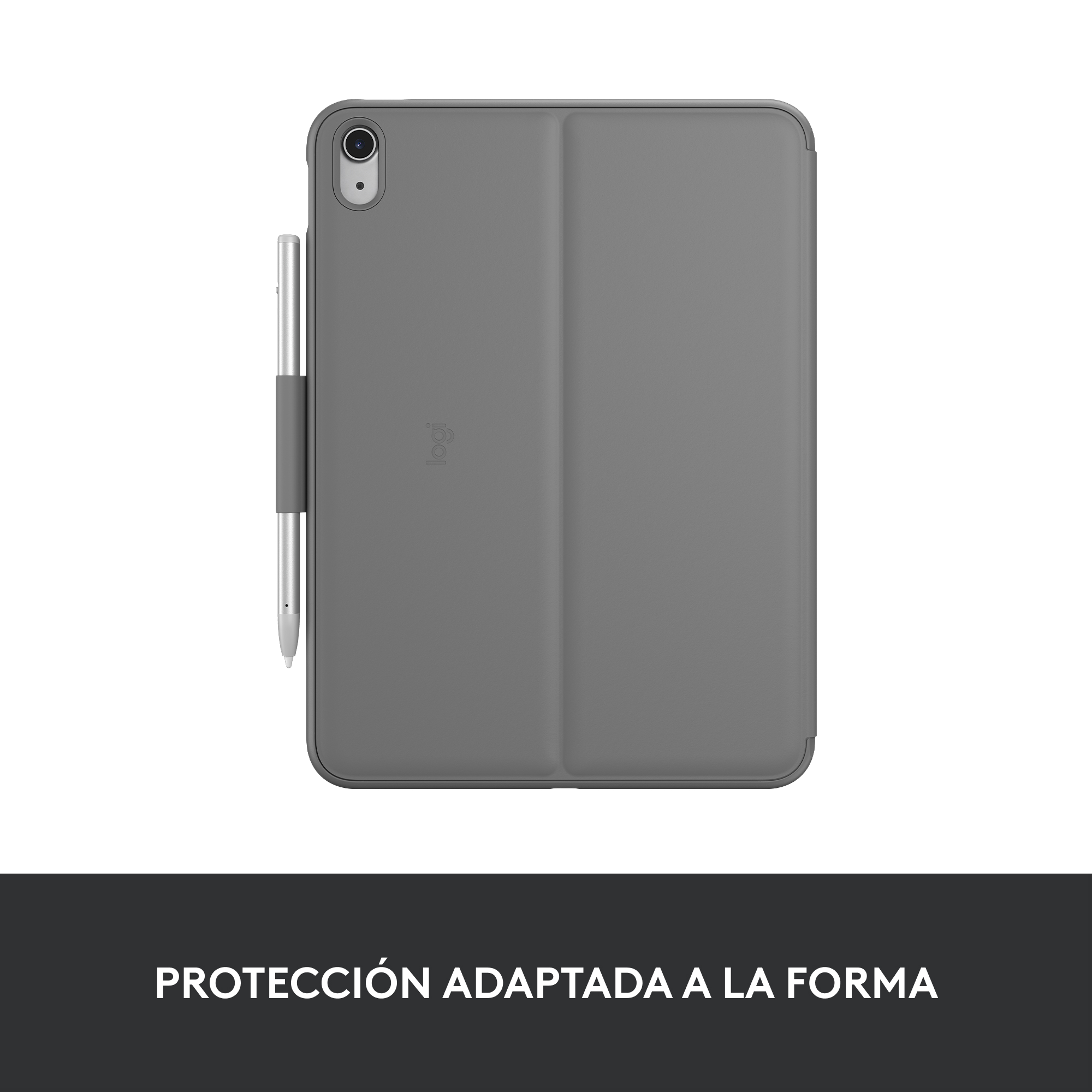 Una funda gris para tableta con un bolígrafo en el lateral.