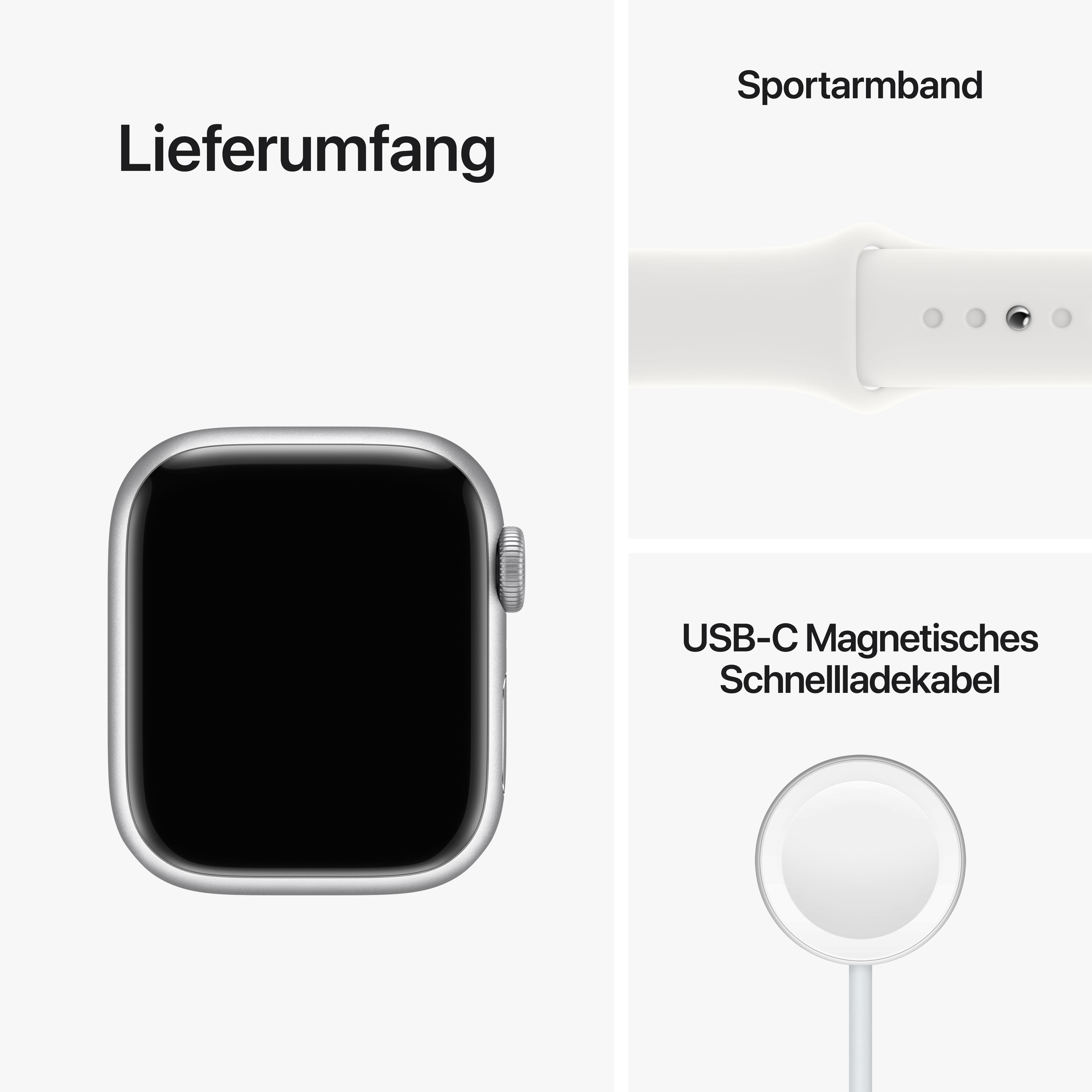 APPLE Watch Series 8 (GPS + Cellular) 41 mm Smartwatch Aluminium Fluorelastomer, 130 - 200 mm, Armband: Weiß, Gehäuse: Silber