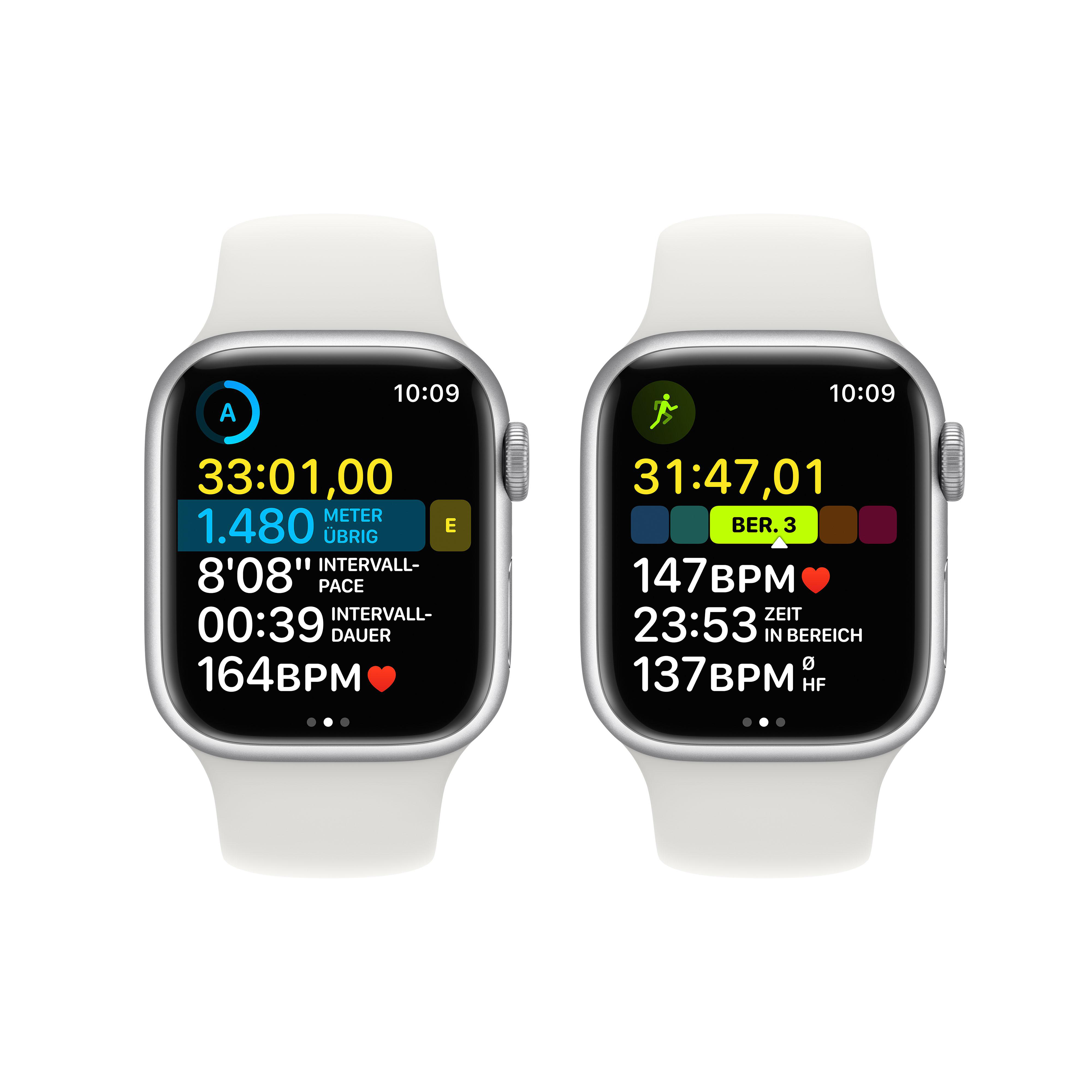 APPLE Watch Series 8 (GPS + Cellular) 41 mm Smartwatch Aluminium Fluorelastomer, 130 - 200 mm, Armband: Weiß, Gehäuse: Silber