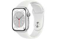 APPLE Watch Series 8 (GPS + Cellular) 41 mm Smartwatch Aluminium Fluorelastomer, 130 - 200 mm, Armband: Weiß, Gehäuse: Silber