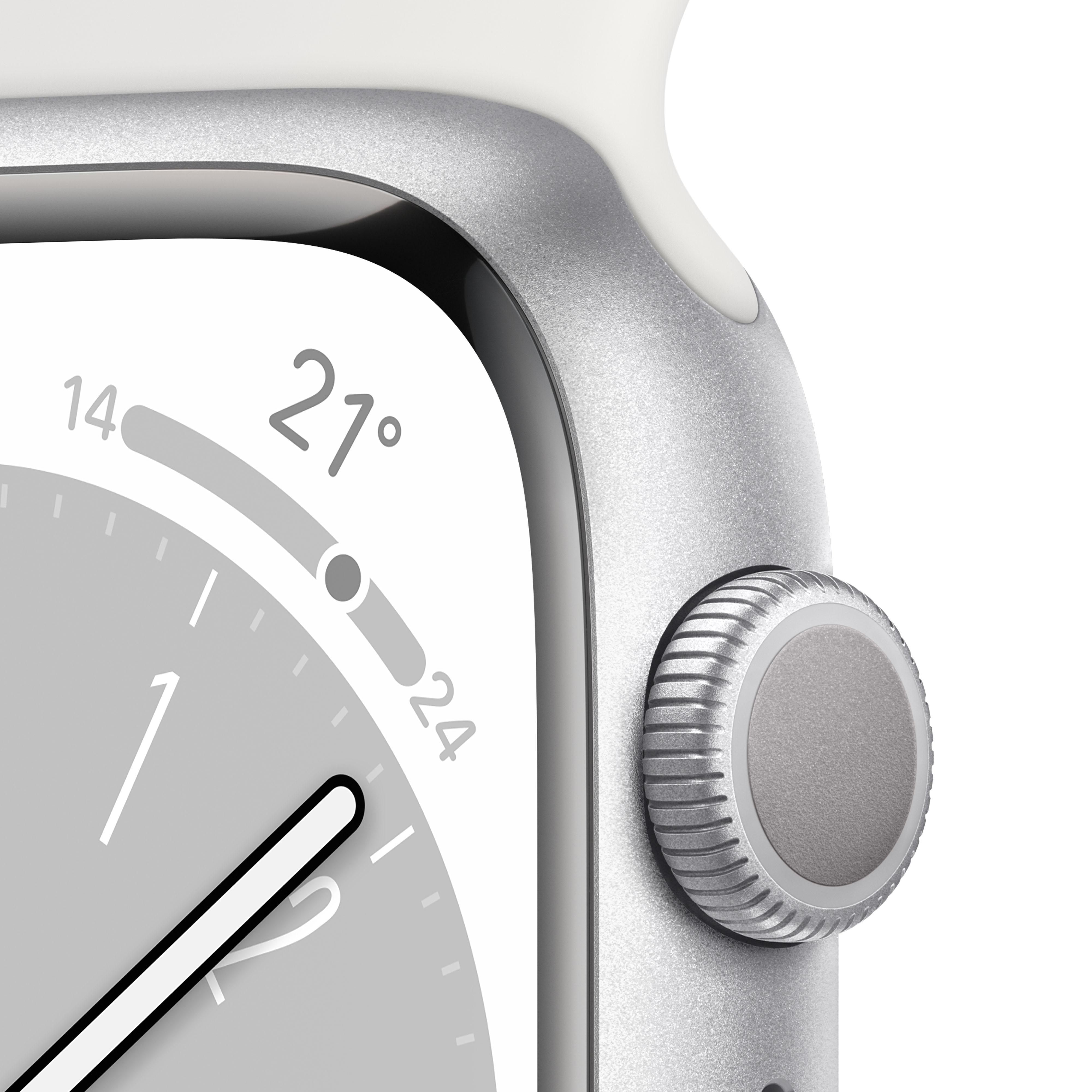 APPLE Watch Series 8 (GPS + Cellular) 41 mm Smartwatch Aluminium Fluorelastomer, 130 - 200 mm, Armband: Weiß, Gehäuse: Silber