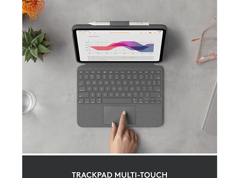 Funda con teclado - Logitech Combo Touch para iPad (10ª generación y A16), Cuatro modos de uso, Teclas acceso directo, Teclado retroiluminado, Gris