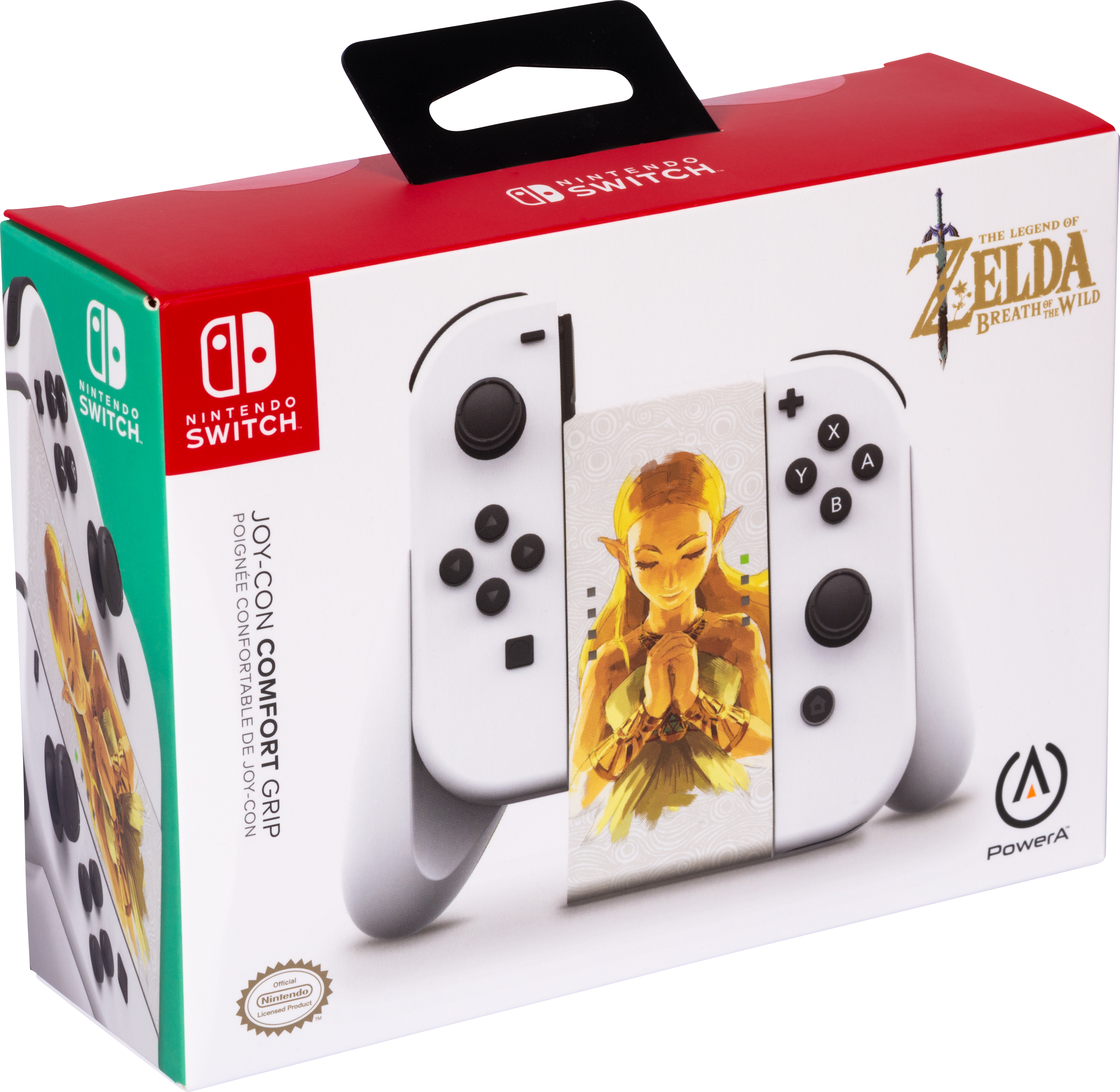 Nintendo Switch Joy-Con Comfort Grip Box mit Zelda-Spielcontrollern.