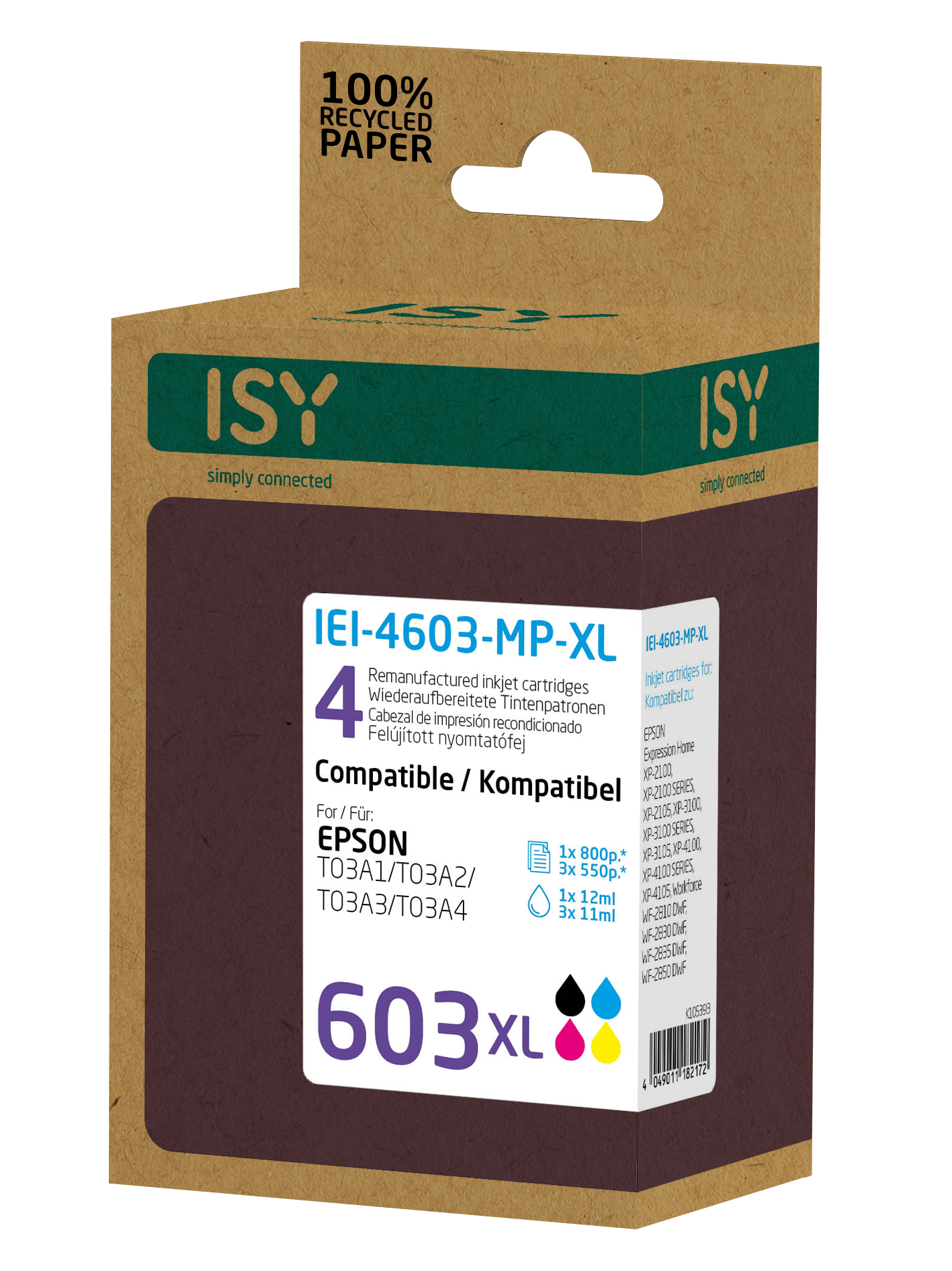 Tintenpatronenbox. Braune und grüne Farben. Enthält Text 'ISY' und '603XL'. Details zur Epson-Kompatibilität und '100% Recyclingpapier'.