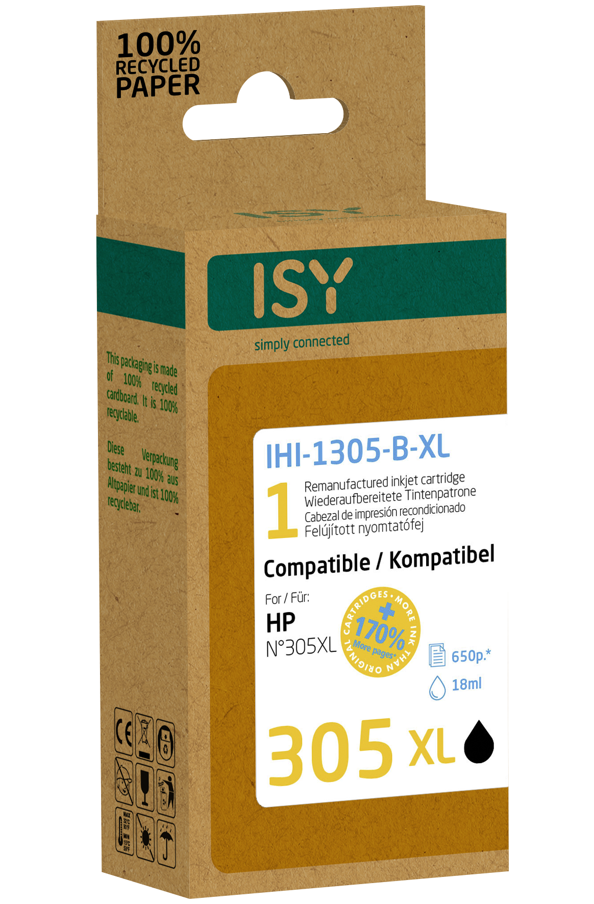 Box mit ISY-Tintenpatrone. Braune Box mit Bild einer schwarzen Tintenpatrone und Text.