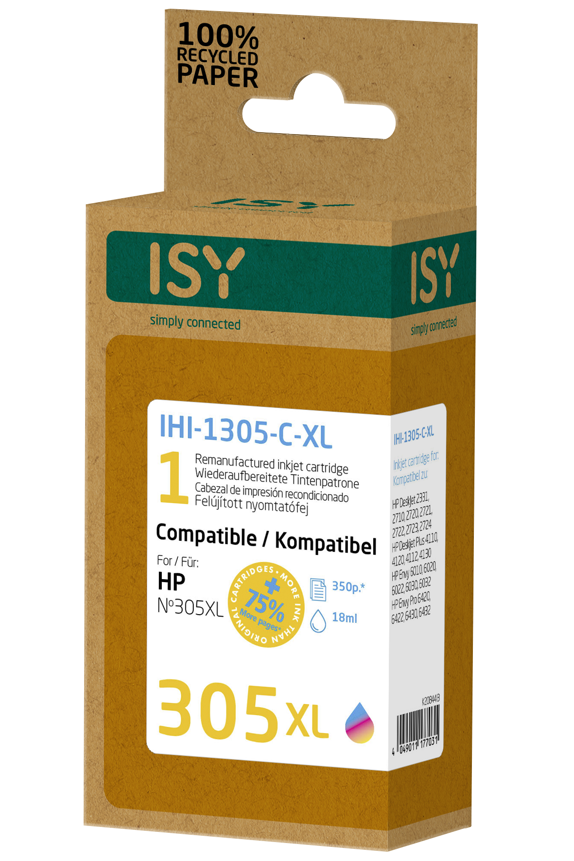 Orange und braune ISY-Tintenpatronenbox. Text zeigt Kompatibilität mit HP 305XL-Patronen an.