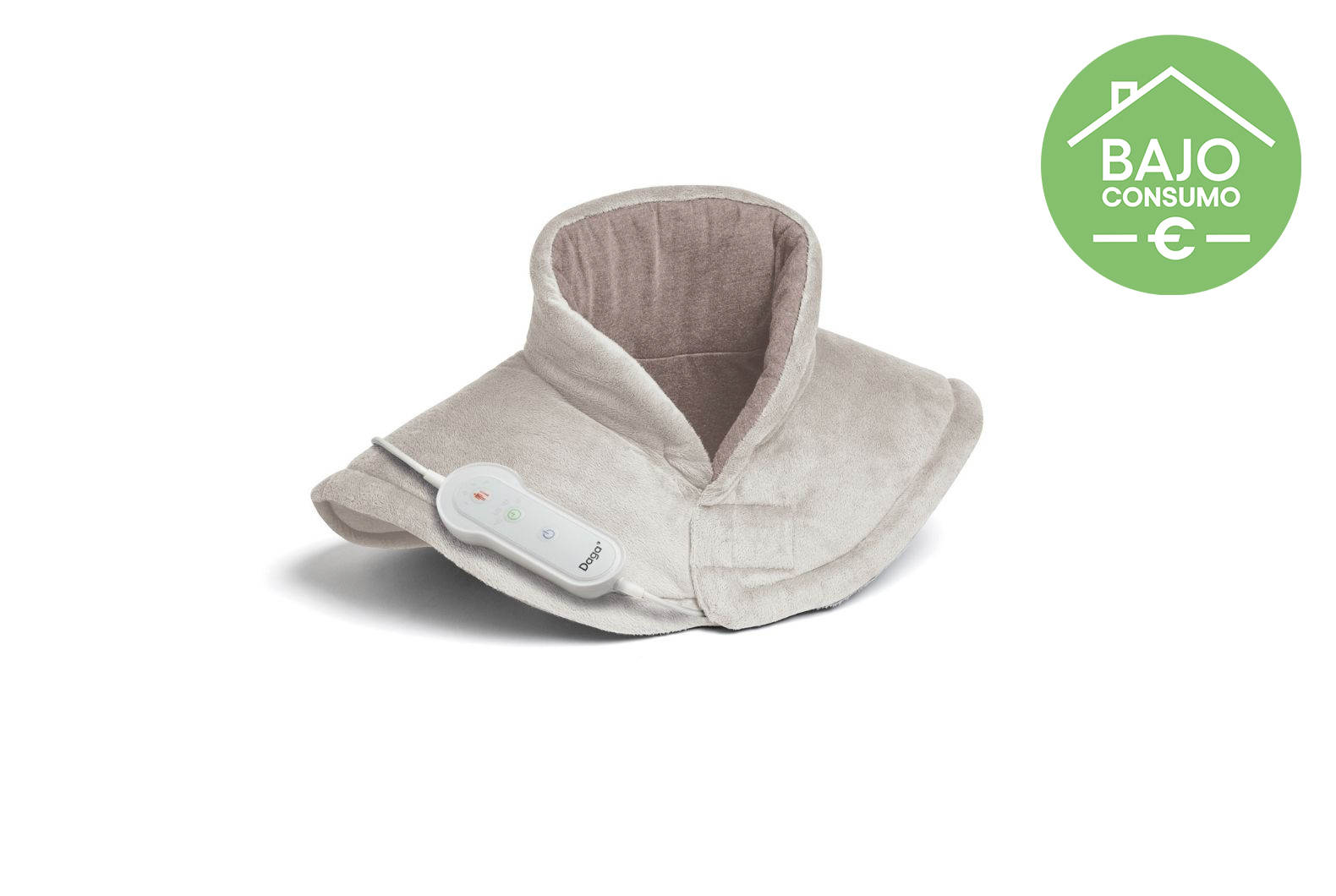 Almohadilla térmica para cuello beige con control. El fondo es blanco.
