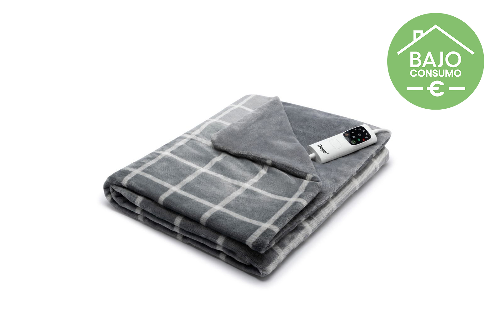 Manta eléctrica gris plegada con panel de control blanco. Insignia verde indica bajo consumo.