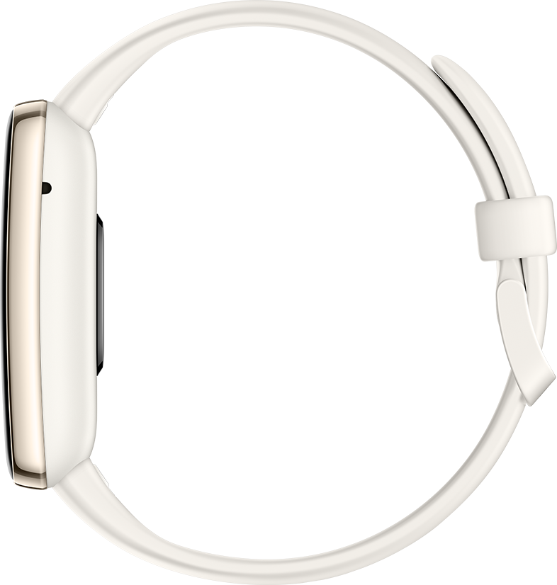 Fehér okosóra, oldalnézet. A szíj fehér, a számlap arany.