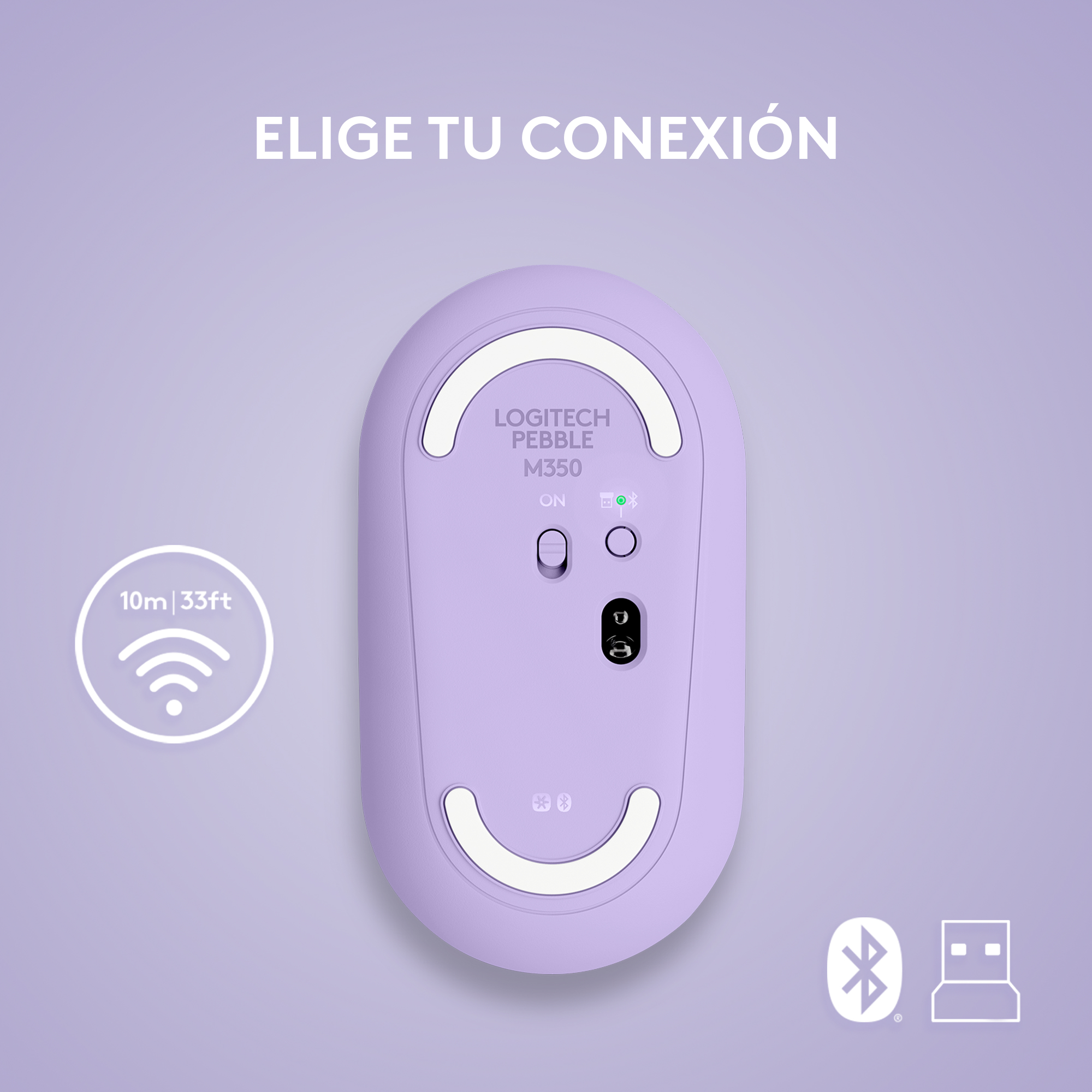 Ratón Logitech Pebble M350 morado, vista inferior, con símbolos inalámbricos y Bluetooth.