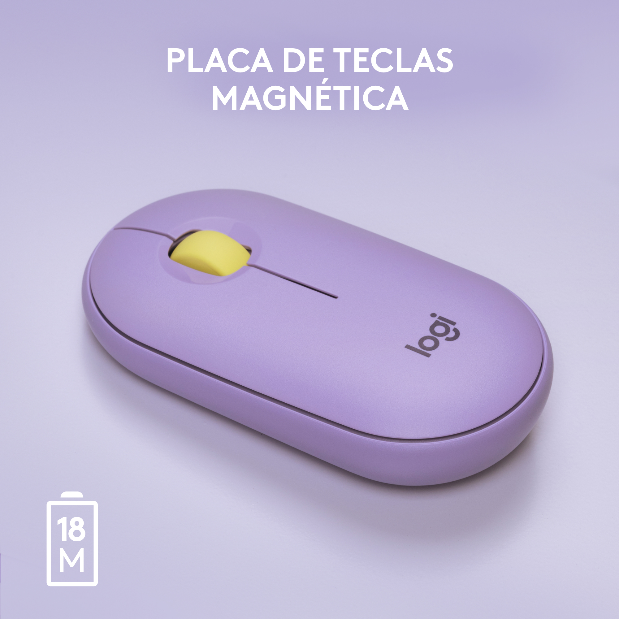 Ratón inalámbrico morado con rueda de desplazamiento amarilla.