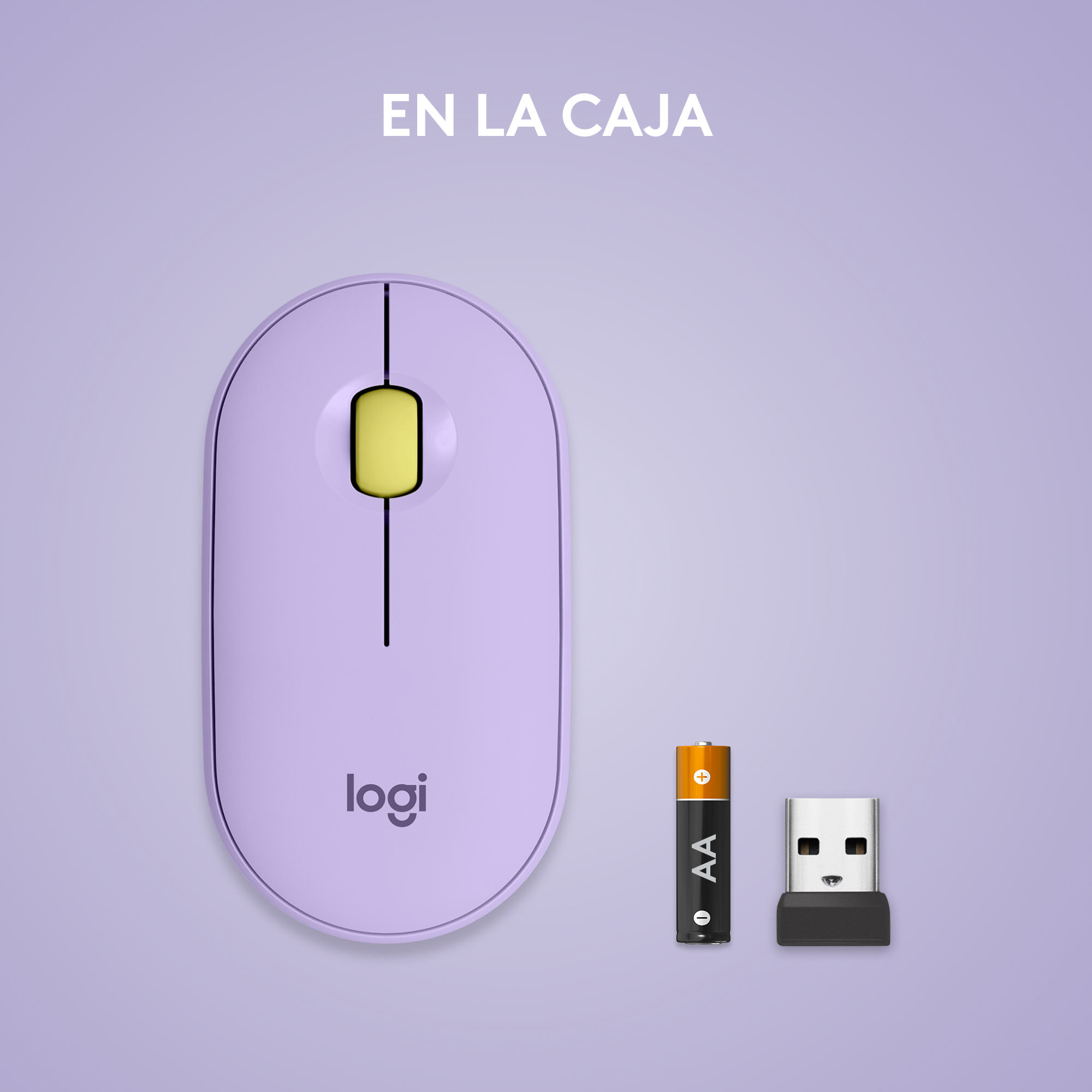 Un ratón de ordenador morado, una pila AA y un receptor USB sobre una superficie morada.