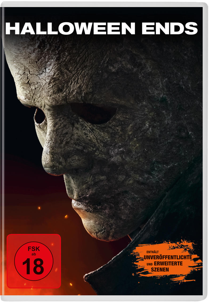 Halloween Ends DVD-Cover. Ein Mann mit Michael Myers-Maske schaut nach unten mit dunklem Hintergrund.
