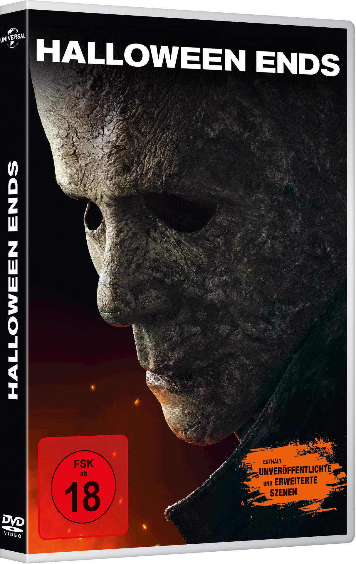 DVD-Cover: Nahaufnahme einer Maske, Halloween Ends, schwarzer Hintergrund.