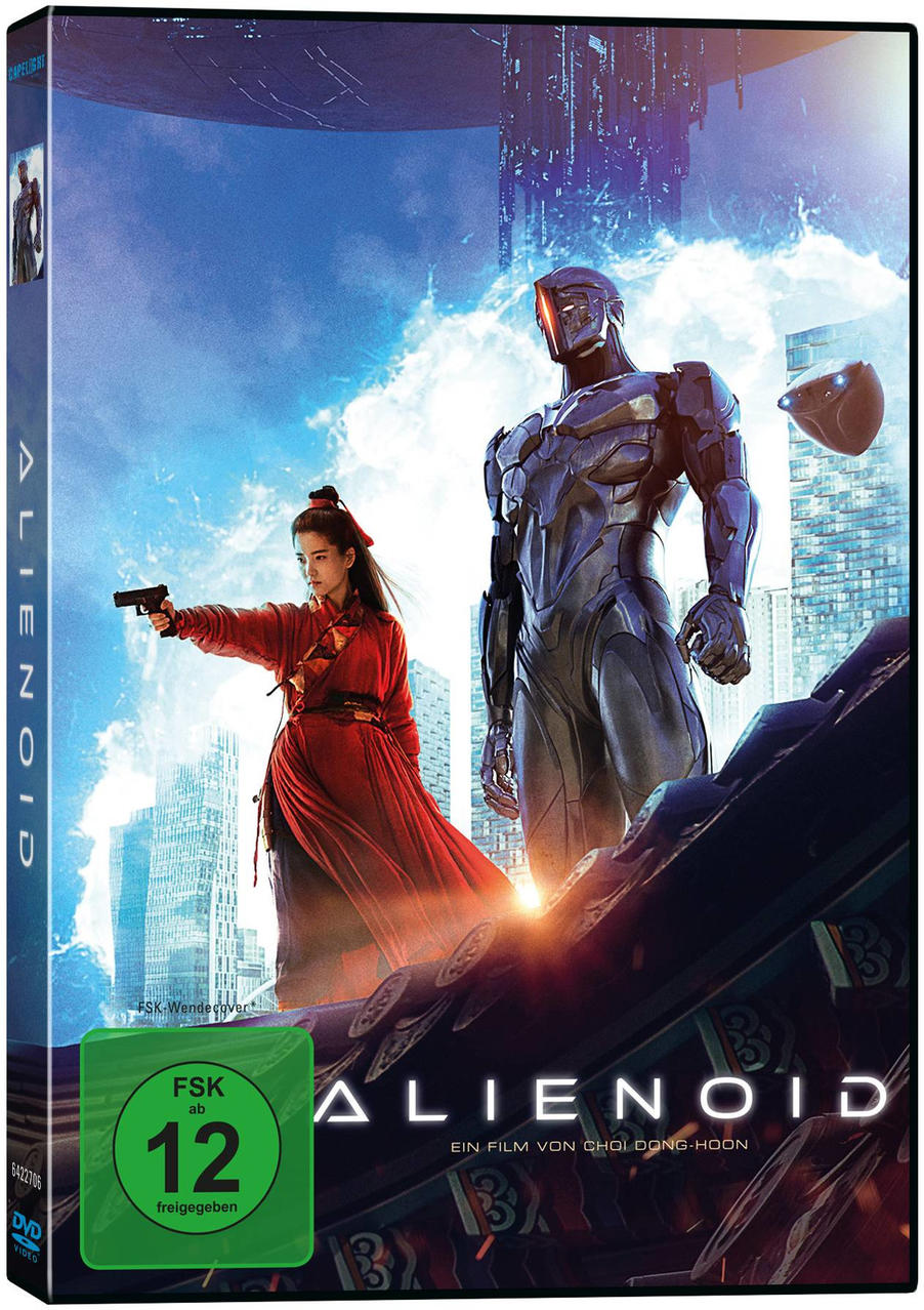 DVD-Cover für Alienoid, mit einer Frau mit einer Waffe und einem Roboter.