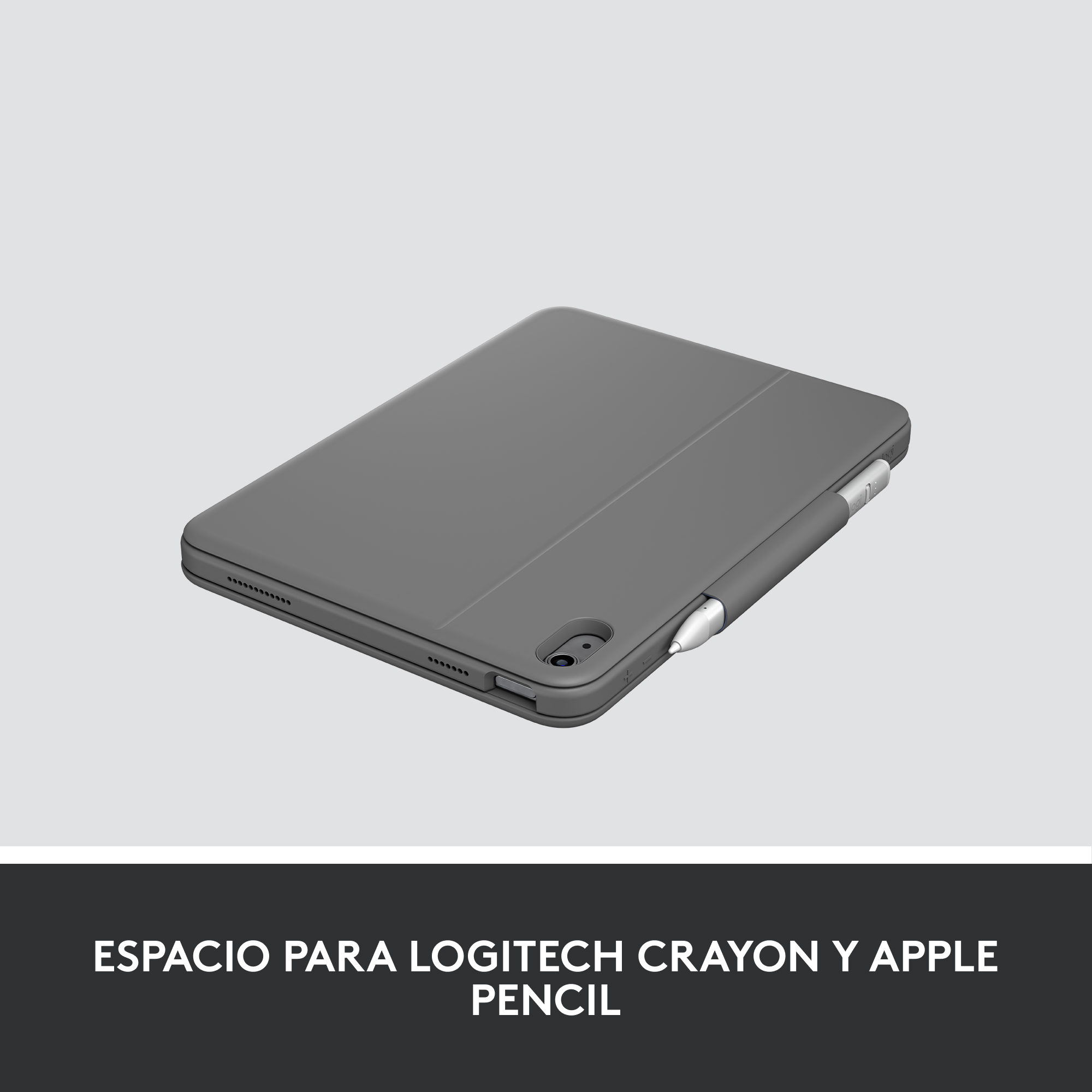 Tableta gris con funda gris y lápiz plateado sobre fondo gris claro.