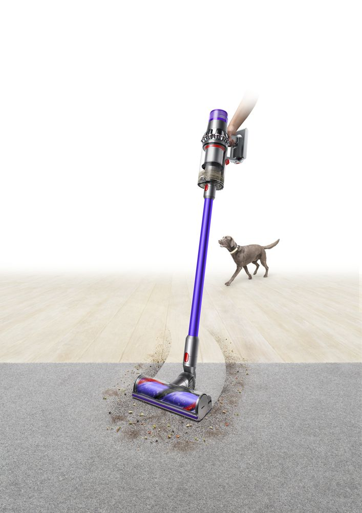 Vacuum cleaner with dog. The cleaner is removing debris from the carpet.