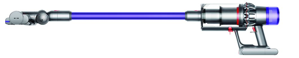 A silver and purple Dyson cordless vacuum cleaner on a white background.