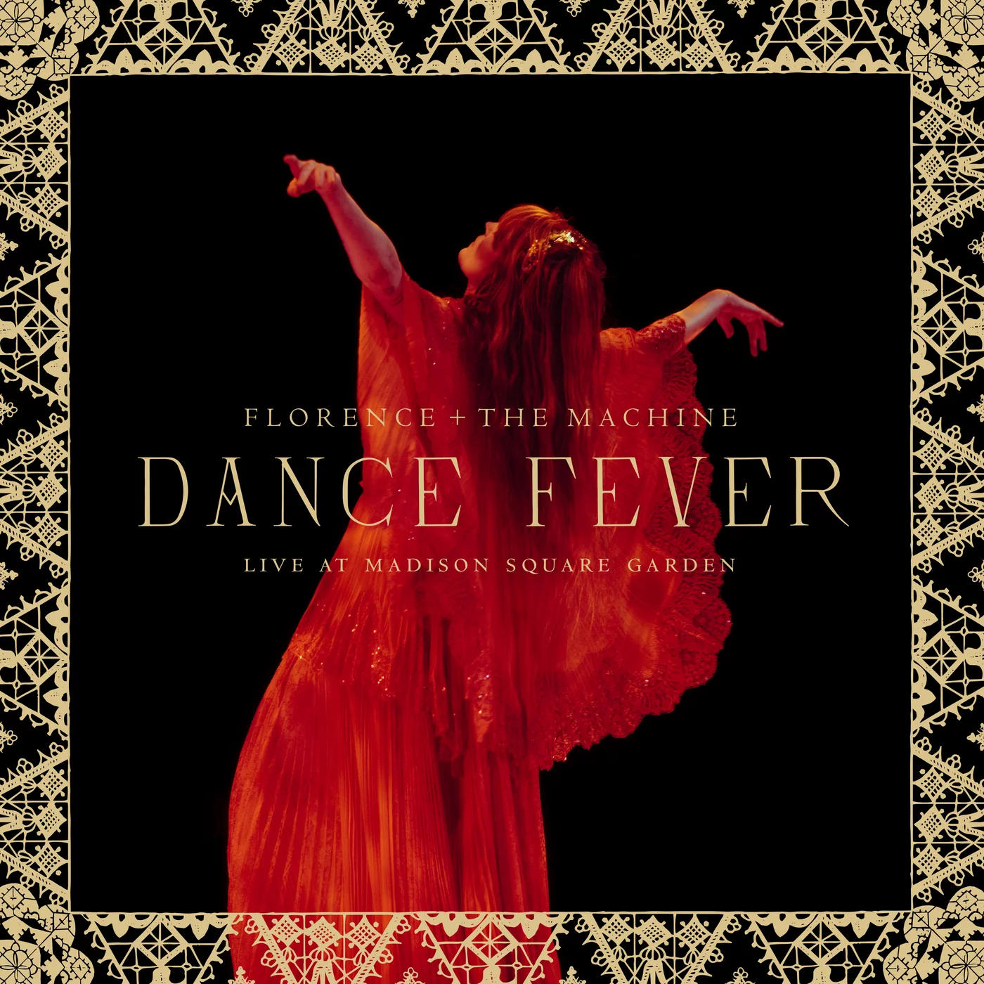 Albumhoes met een vrouw in een rode jurk die danst. Tekst: Florence + The Machine, Dance Fever.