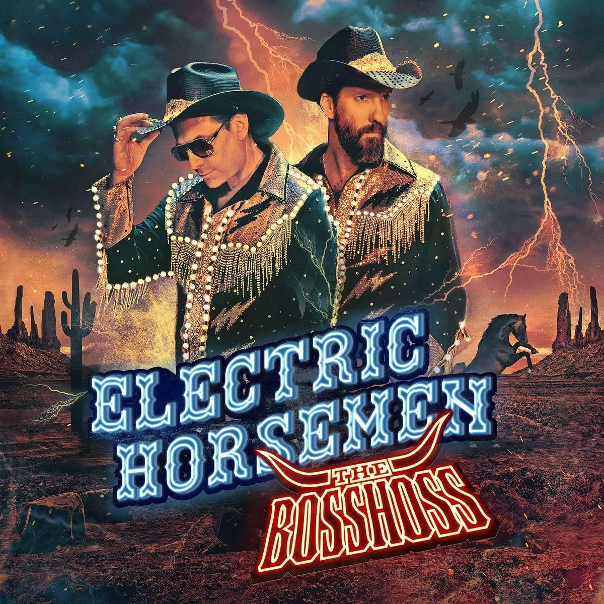Electric Horsemen Albumcover. Zwei Männer in Cowboy-Outfits, Neon-Schild.