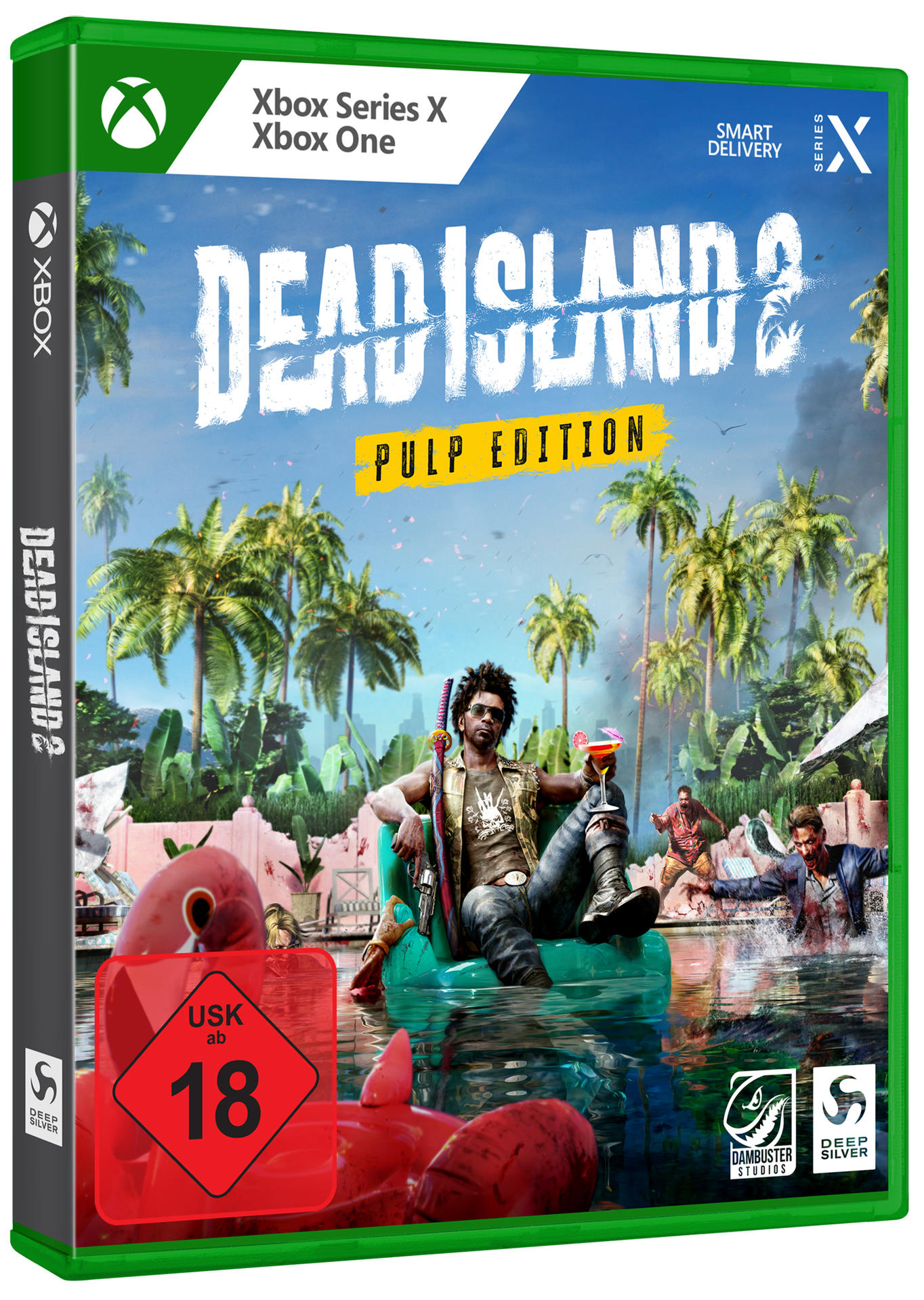 Dead Island 2 Spielcover. Ein Mann mit einem Getränk sitzt auf einem Schwimmer im Wasser. Palmen im Hintergrund.