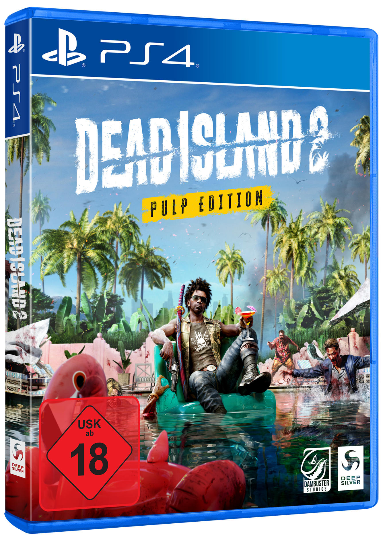 PS4-Spielcover. Ein Mann sitzt auf einem aufblasbaren Pool. Palmen und andere Figuren im Hintergrund.