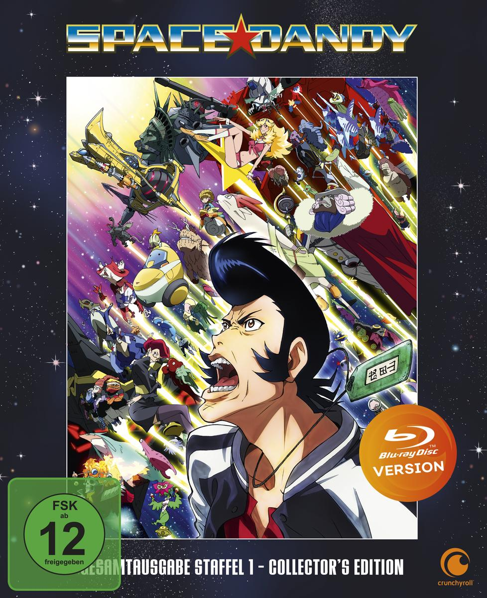 Space Dandy Blu-ray Cover: Charaktere in Raumschiffen, Action-Posen, japanischer Text, Altersfreigabe.