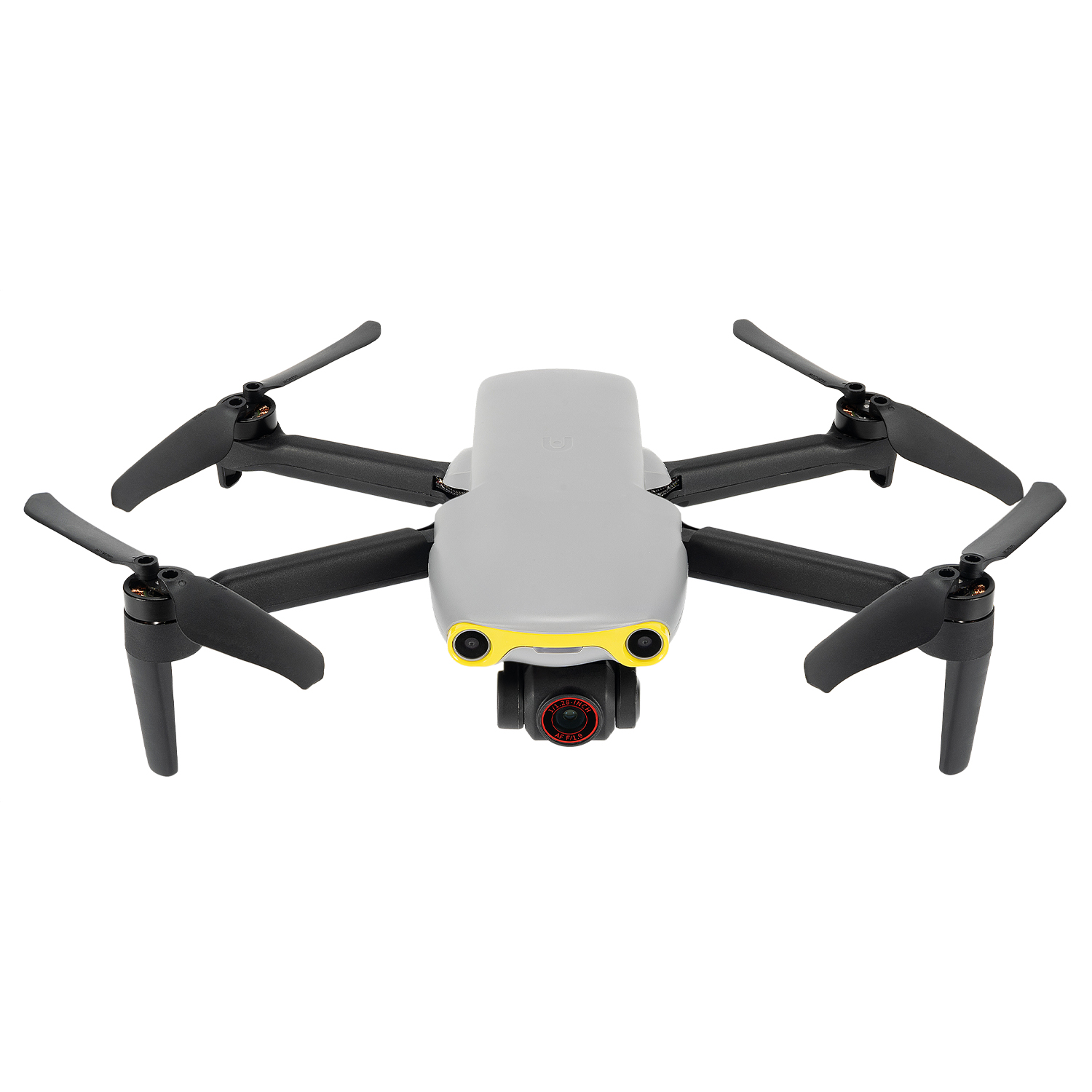 Siyah pervaneli gri bir drone. Sarı çerçeveli bir kamerası var.