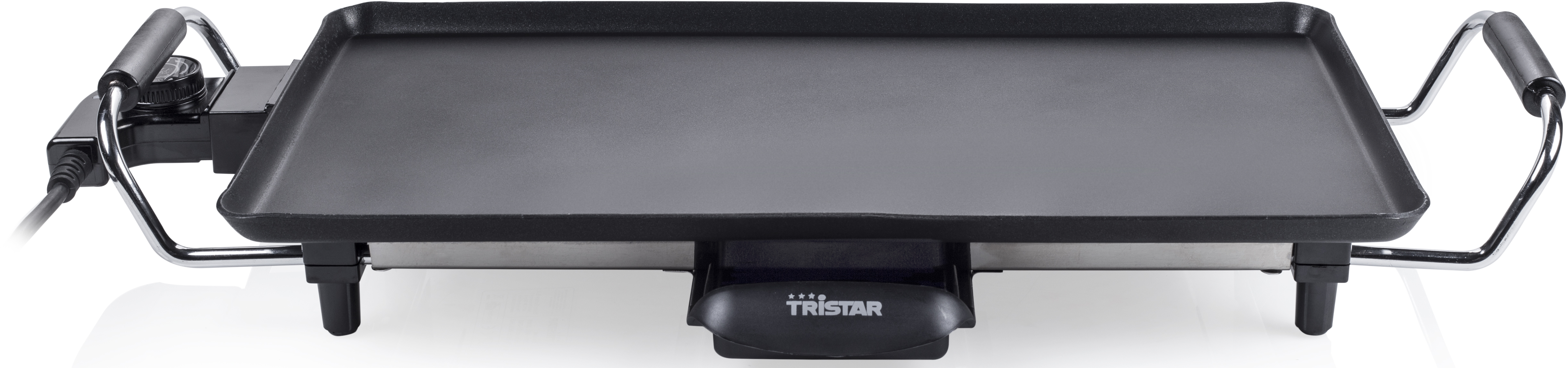 Plaque de cuisson noire avec poignées et un bouton de contrôle.