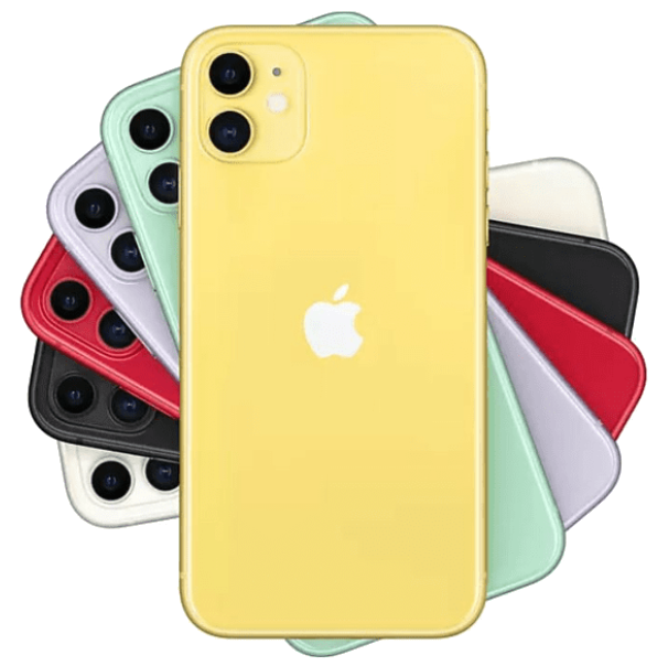 Çeşitli renklerde iPhone 11'ler: sarı, yeşil, kırmızı, siyah, beyaz, mor ve beyaz. Apple logosu görünür.