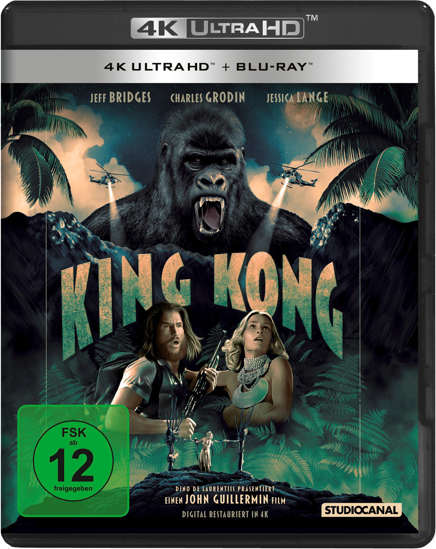 King Kong 4K Ultra HD Cover, Gorilla, Menschen im Dschungel, und Filmplakat.