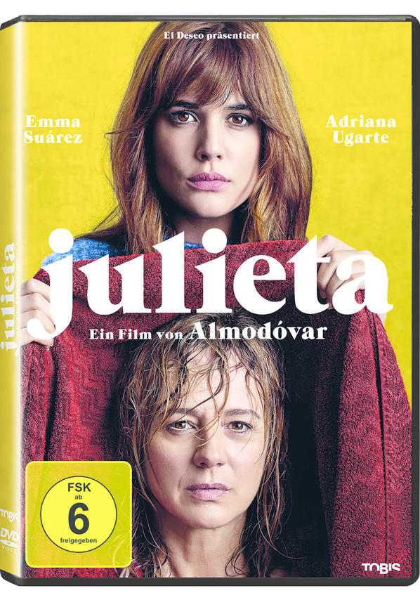 DVD-Cover des Films Julieta, mit zwei Frauen vor gelbem Hintergrund.